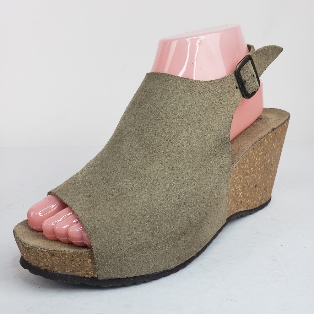 Bio-Gold Wedge Sandals Taupe Leather Ankle Strap Peep Toe - Picture 2 of 11